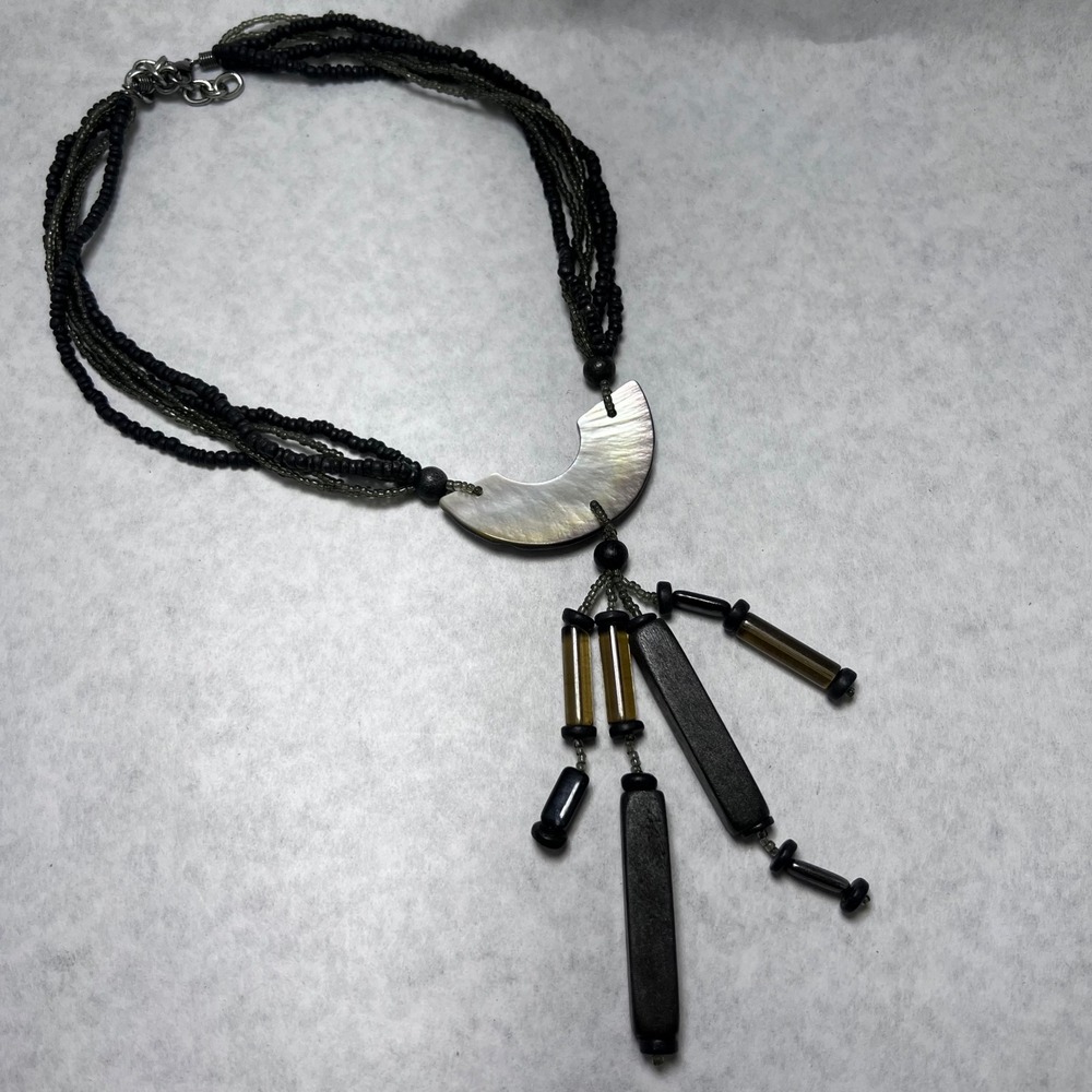 Unique Beaded 20" Necklace 6 Strand Crescent Moon Pendant Tassel Dangles Chunky‎